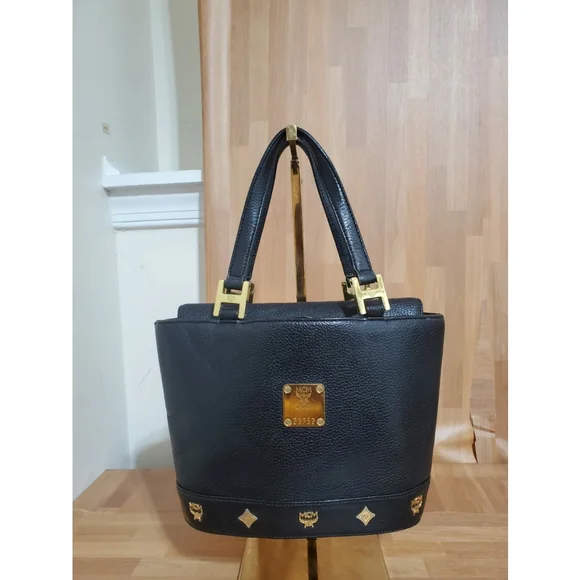 MCM Black Leather Vintage Logo Embellished Small Tote